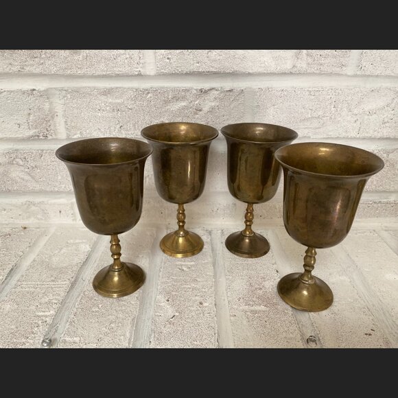 Brass Wine Goblets - Set of 4 - Vintage - Made in India - 5" Tall - Picture 4 of 9